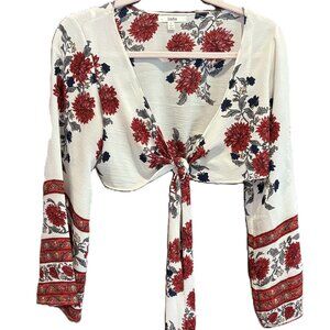 INTO Fashions Cropped Boho V-front Tie-Front Red Floral Border Print Top Sz 6